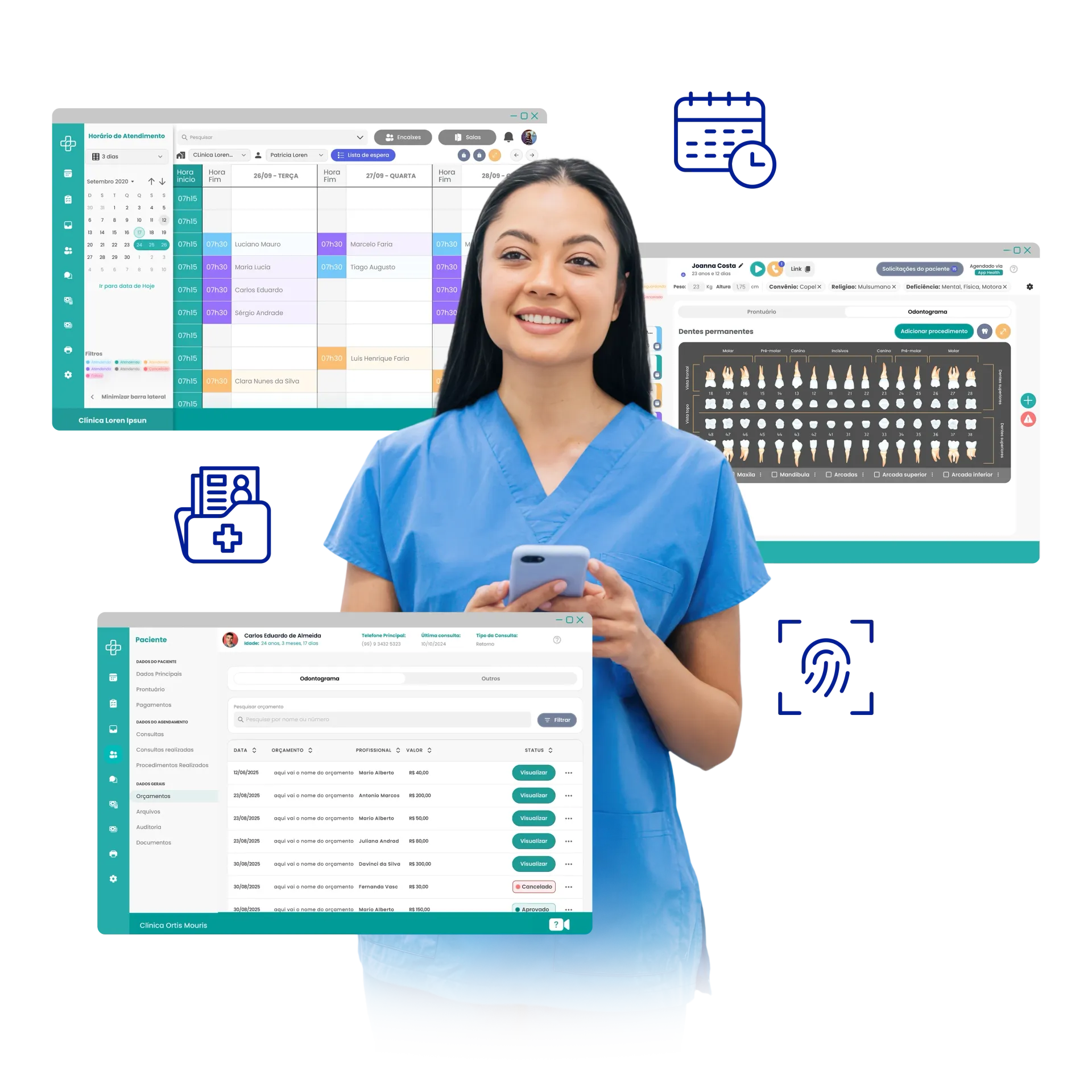 Gestão odontológica Mulher de uniforme médico com um telefone, cercada por telas de software odontológico.