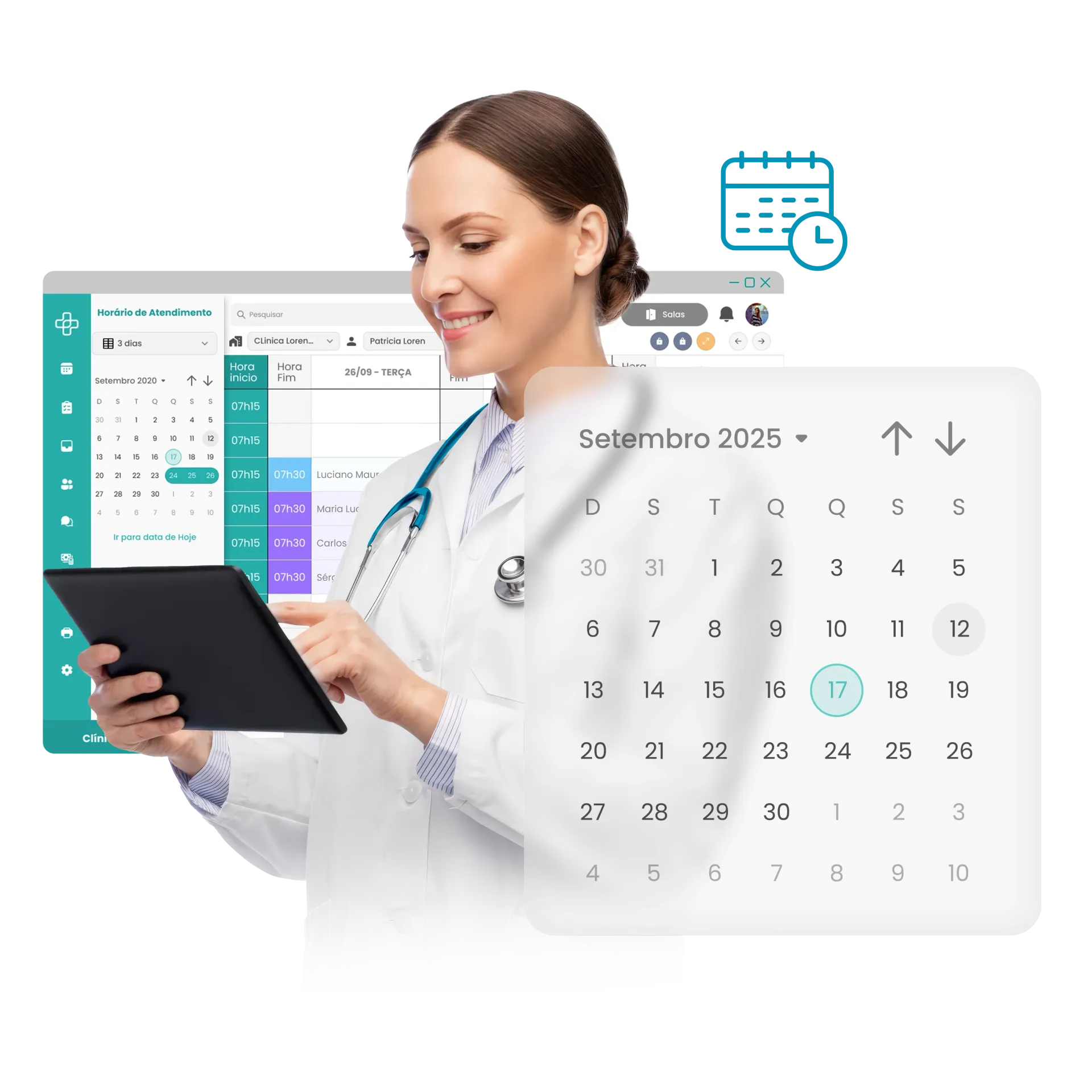 Médico usando um tablet para agendar consultas; calendário visível.