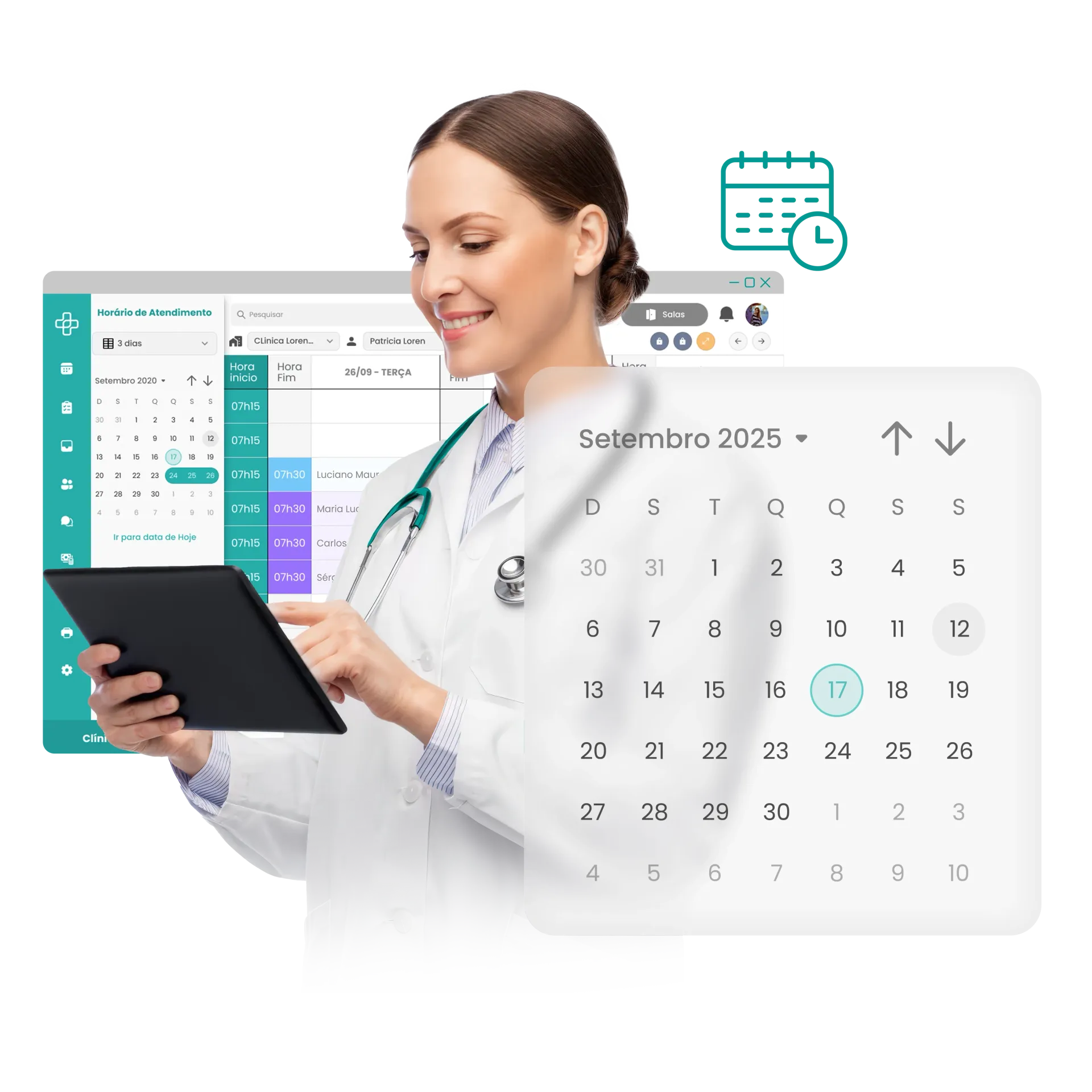 Um profissional de saúde usando um tablet para acessar um calendário, com um ícone de calendário sobreposto.