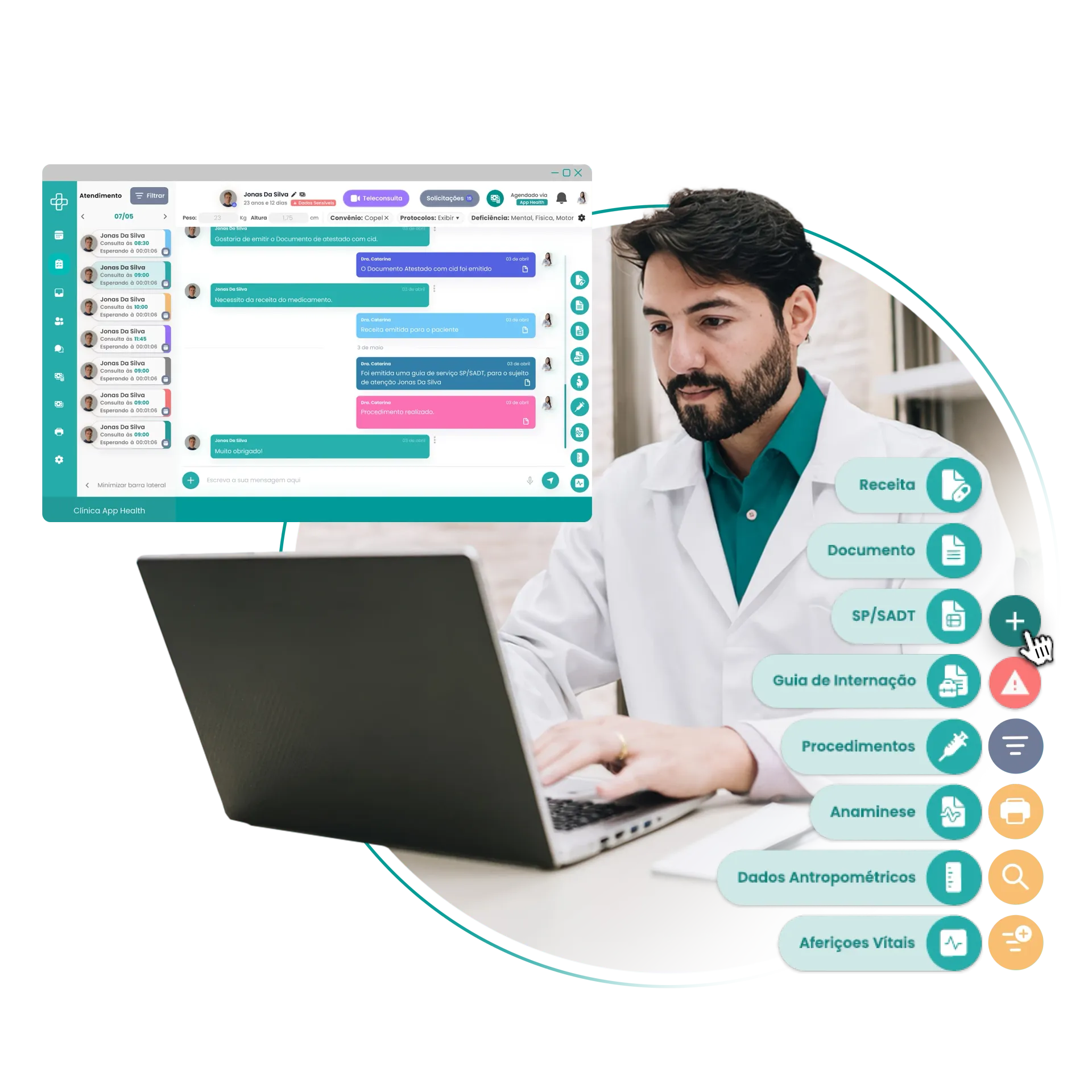 Médico de jaleco branco usando um laptop, com uma interface de bate-papo e ícones sobrepostos.