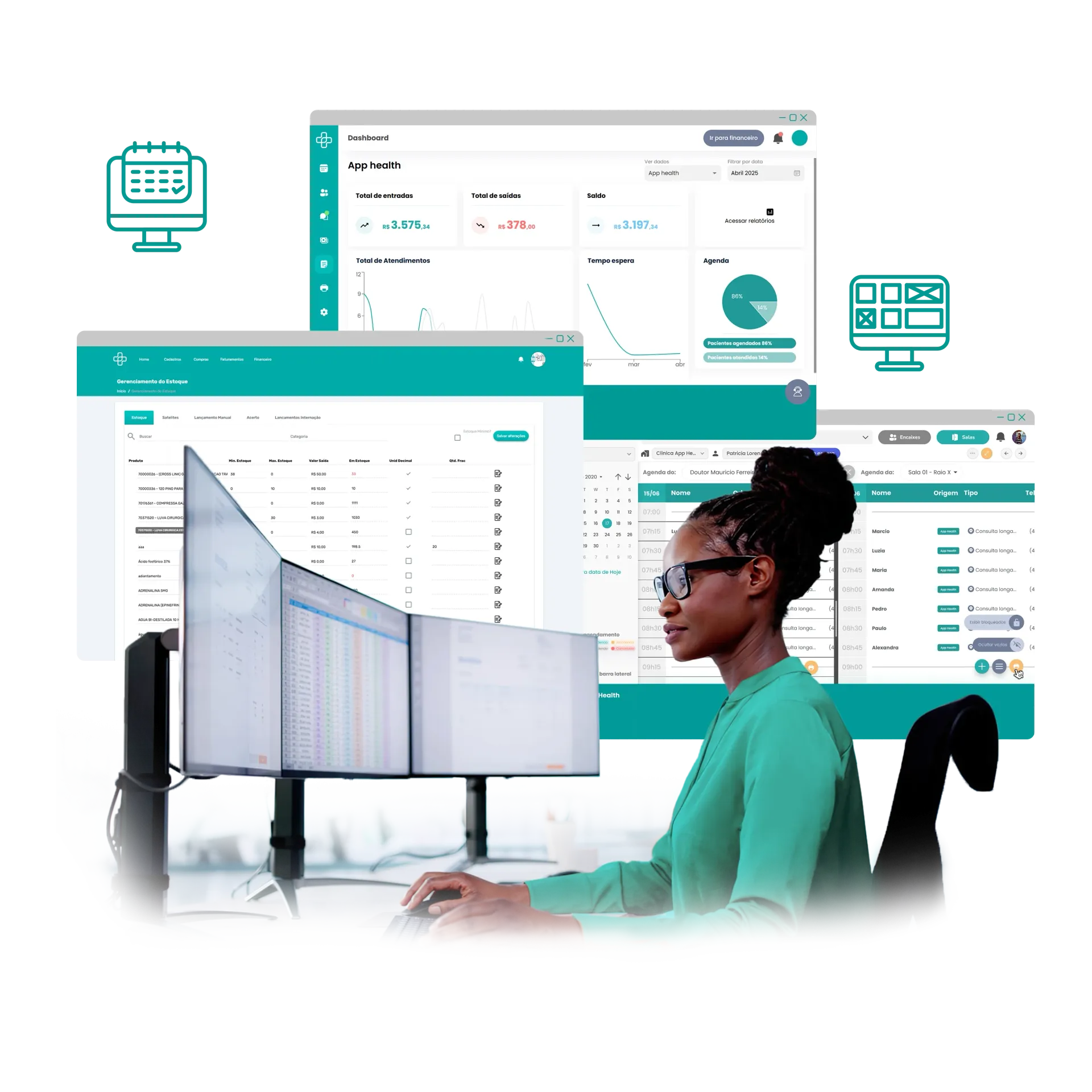 Mulher trabalhando em várias telas de computador, visualizando dados. Interface verde, expressão concentrada.