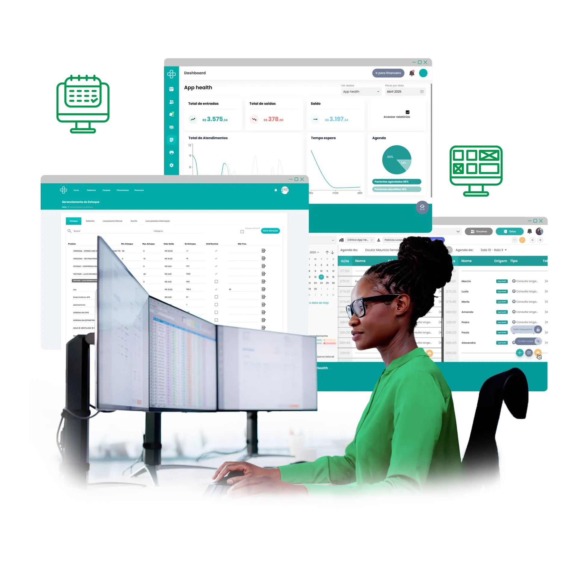 Gestão personalizada para Psicólogos Mulher utilizando vários monitores de computador com interfaces de software, cercada por capturas de tela dessas interfaces.