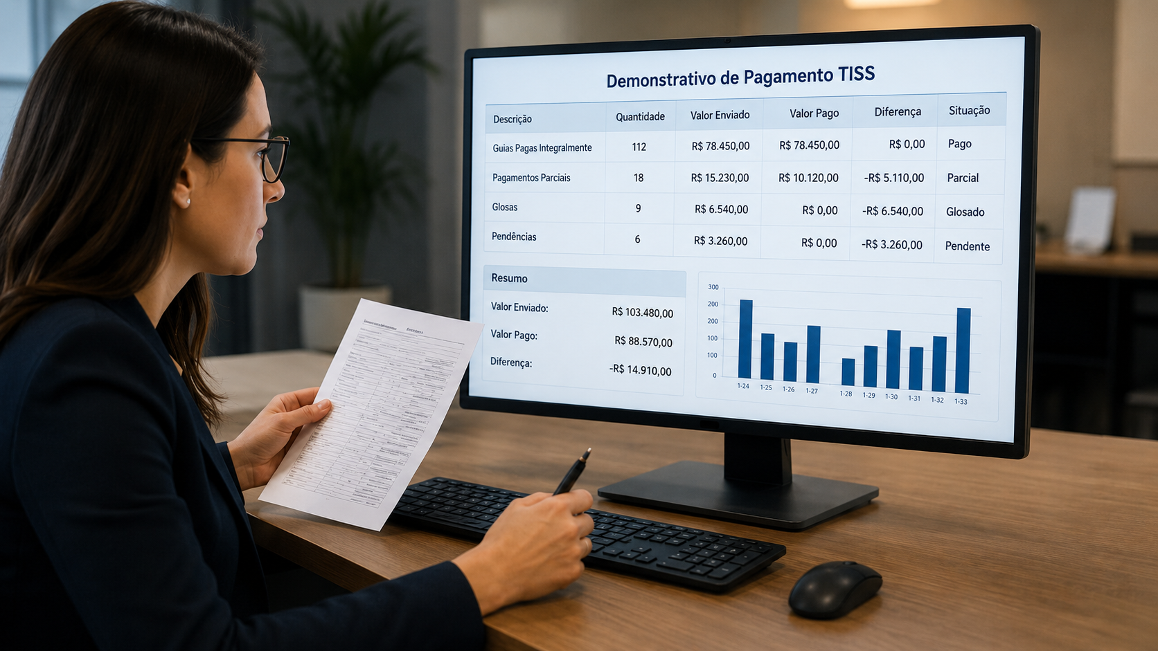 Analista conferindo demonstrativo de pagamento TISS e valores recebidos de convênios
