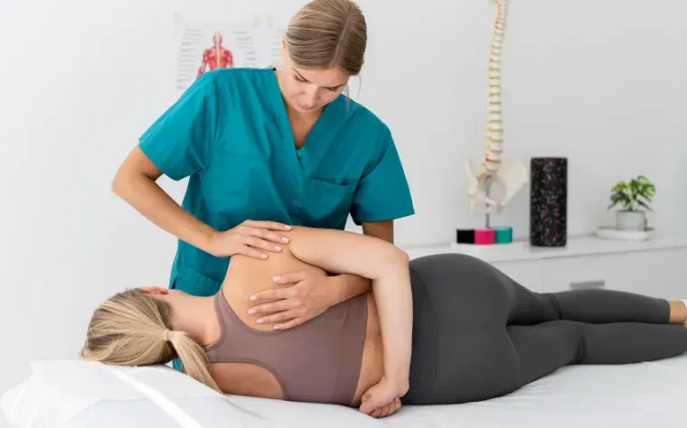 Fisioterapeuta conduzindo anamnese com paciente em consultório Mulher recebendo ajuste quiroprático; terapeuta com camisa verde-azulada, paciente na maca.