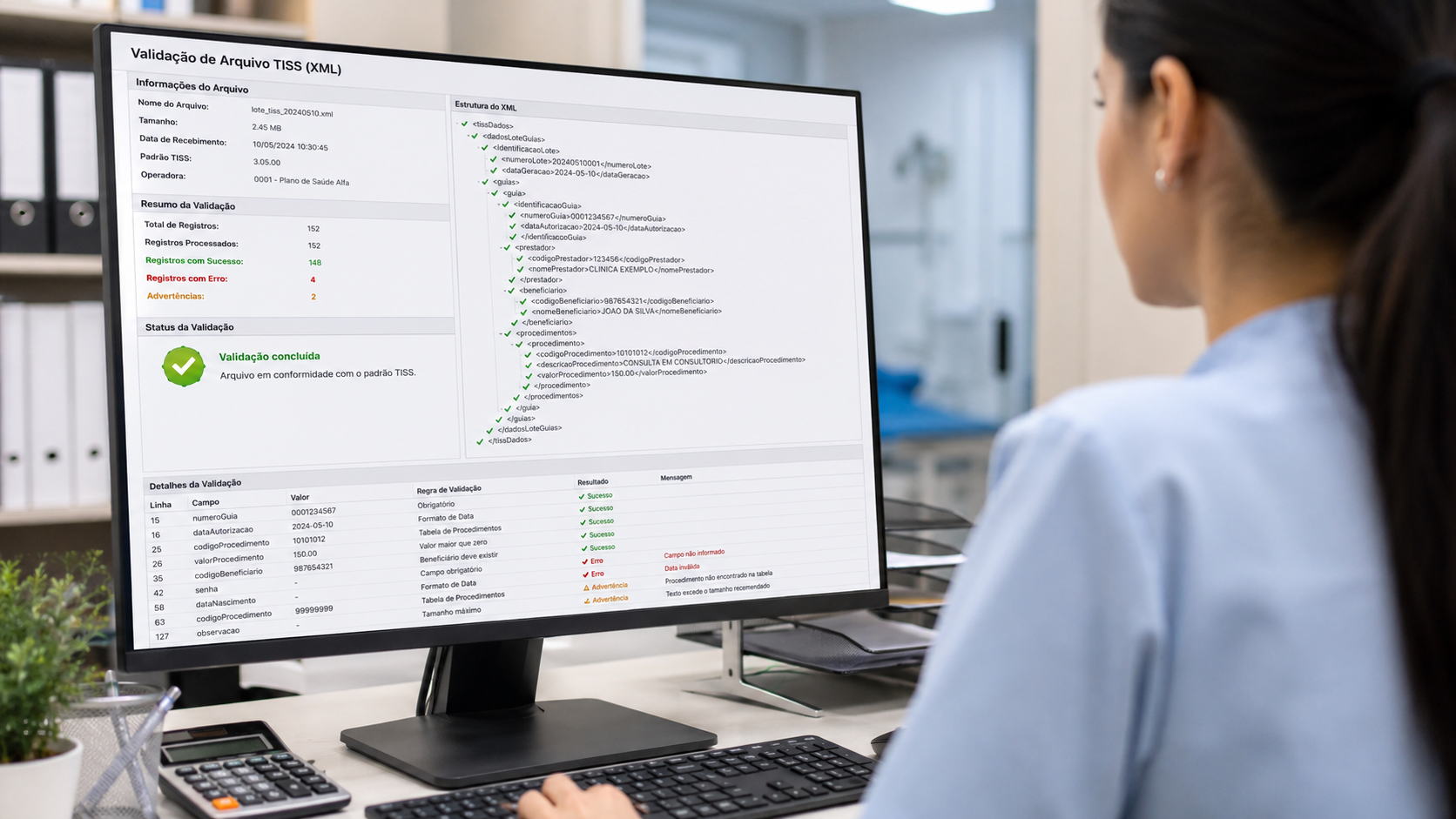 Arquivo XML TISS sendo validado em sistema de faturamento para convênios médicos