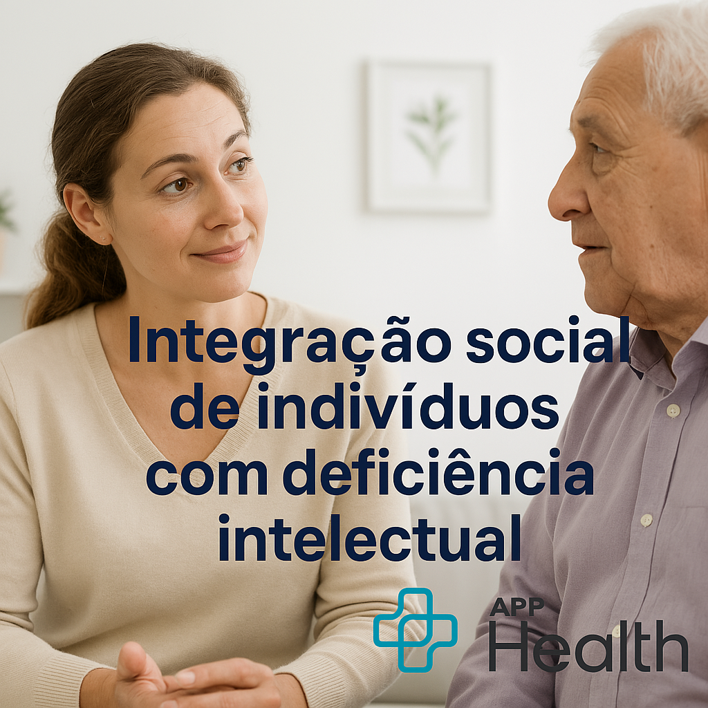 Mulher e homem idoso conversando; texto: Integração social de pessoas com deficiência intelectual. Logotipo de aplicativo de saúde.