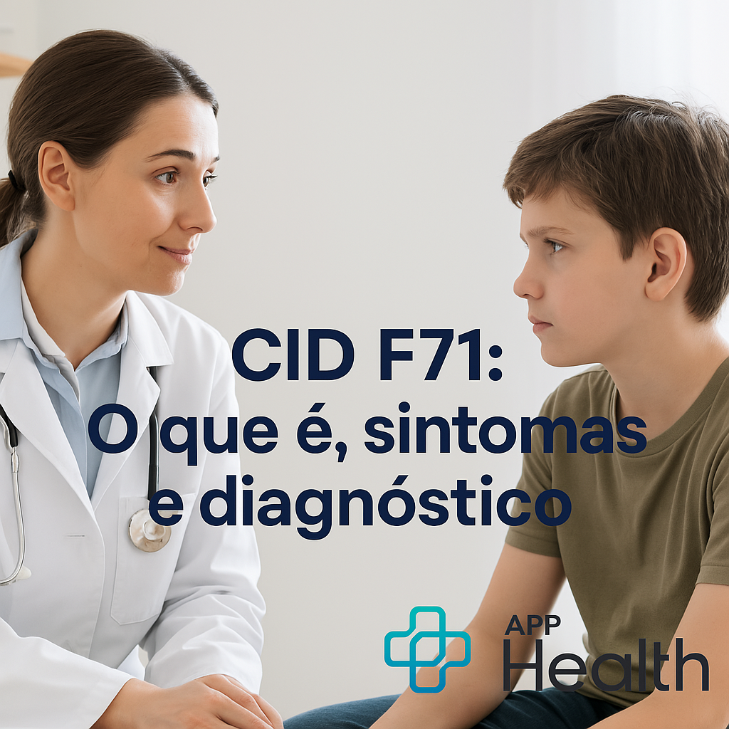 Principais sintomas do CID F71 Um médico e um menino estão em consulta; o texto diz: