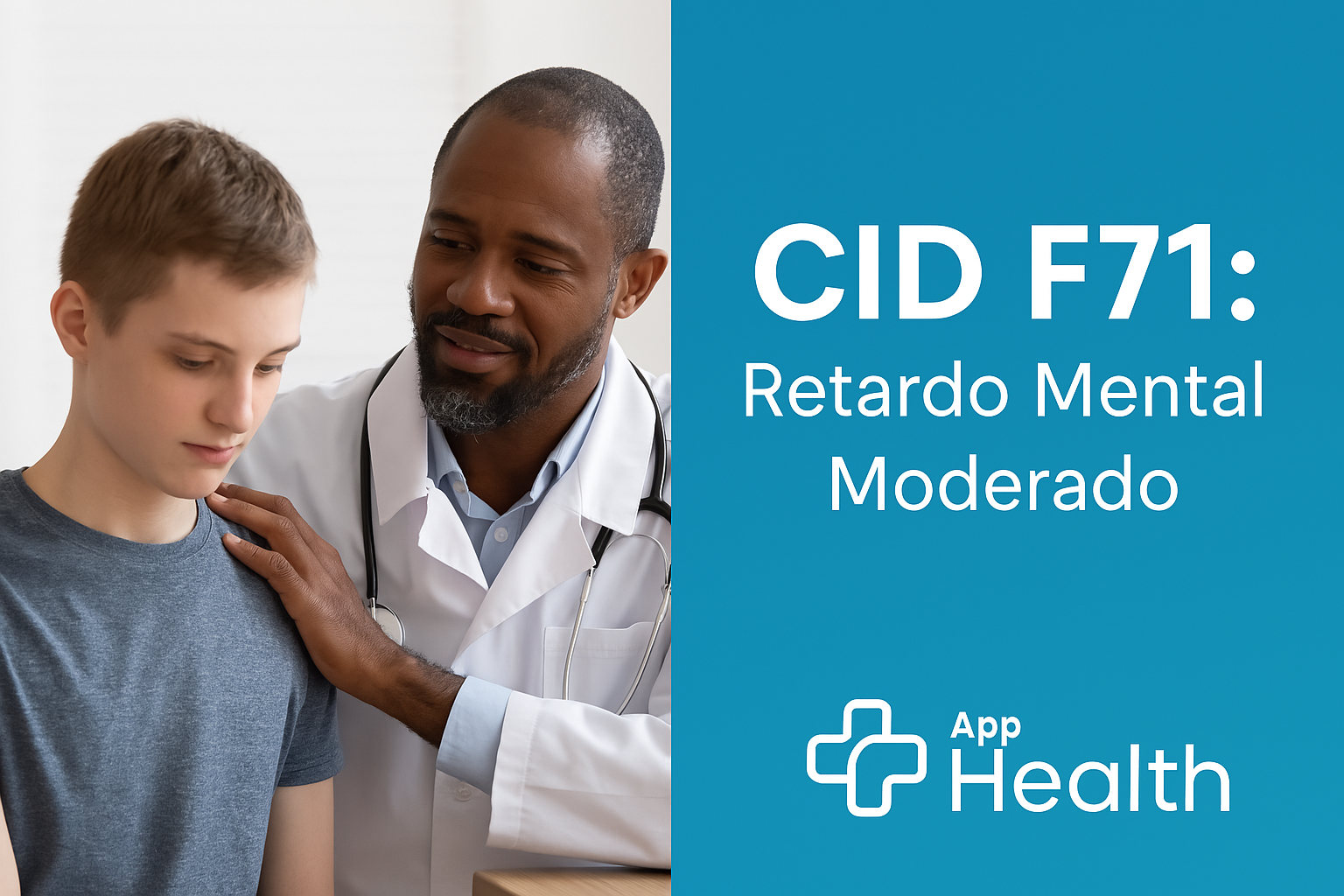 Acompanhamento médico de paciente com CID F71 Médico consolando um jovem; texto diz