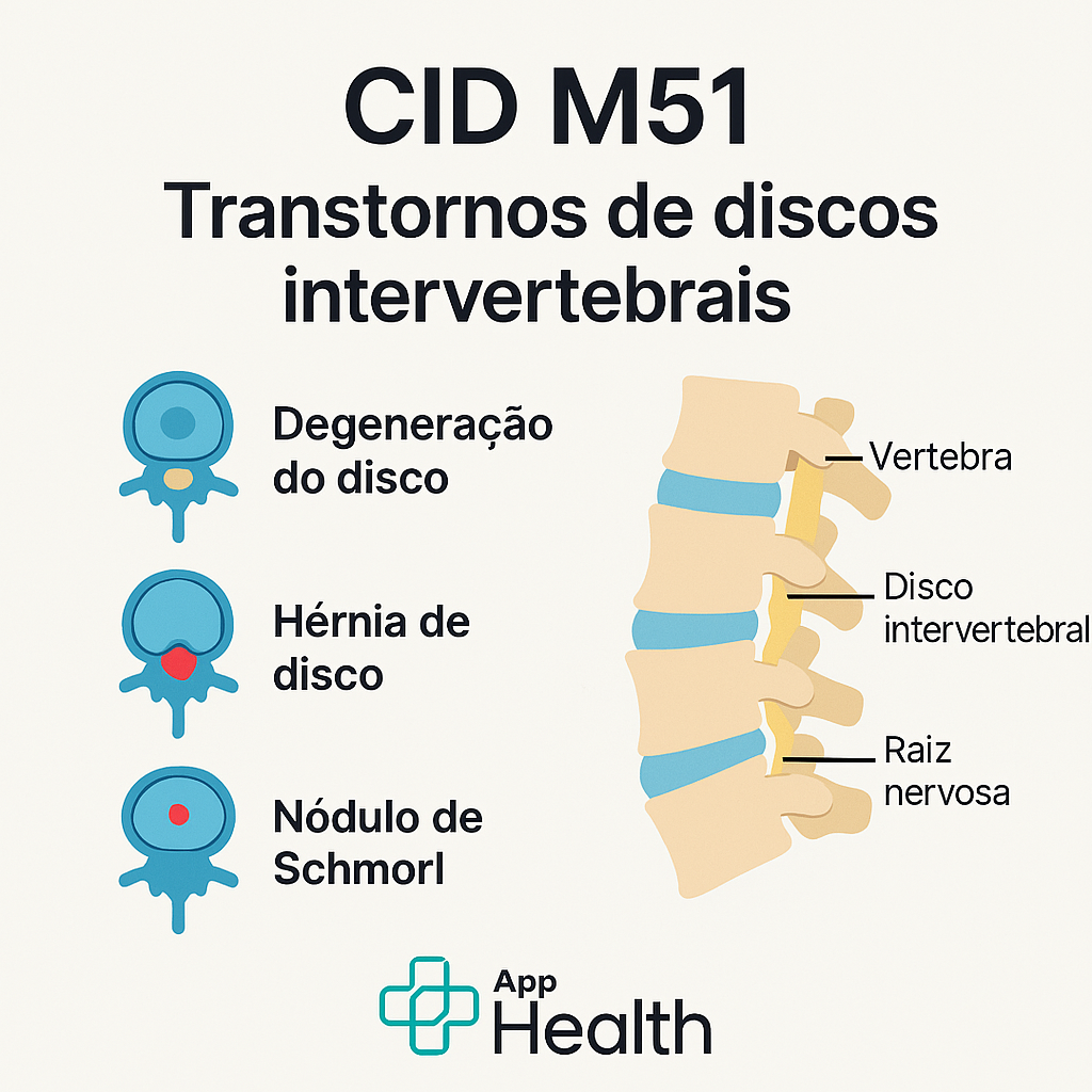 CID M51: Transtornos de discos com radiculopatia Diagrama da coluna vertebral com identificação das doenças do disco intervertebral: degeneração, hérnia e nódulo de Schmorl.