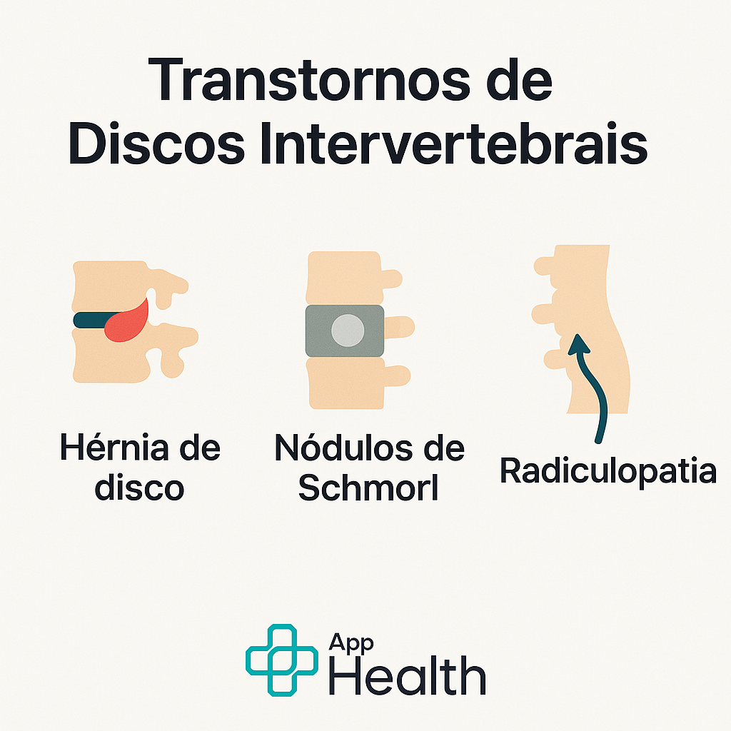 Diagrama ilustrando três tipos de distúrbios do disco espinhal: hérnia de disco, nódulos de Schmorl e radiculopatia.