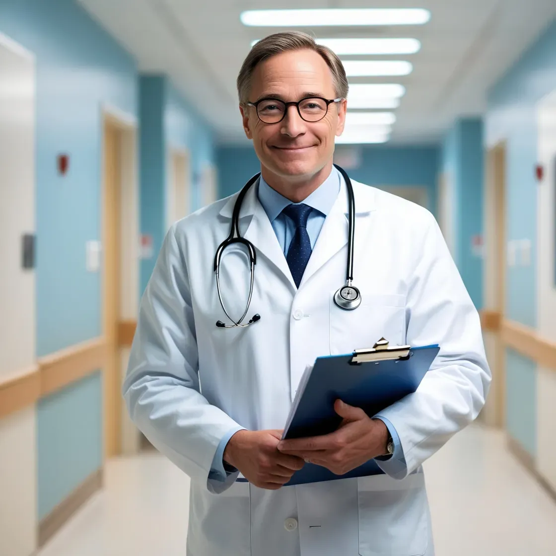 Médico destacando as principais diferenças e avanços. Médico de jaleco branco e estetoscópio, sorrindo no corredor de um hospital, segurando uma prancheta.
