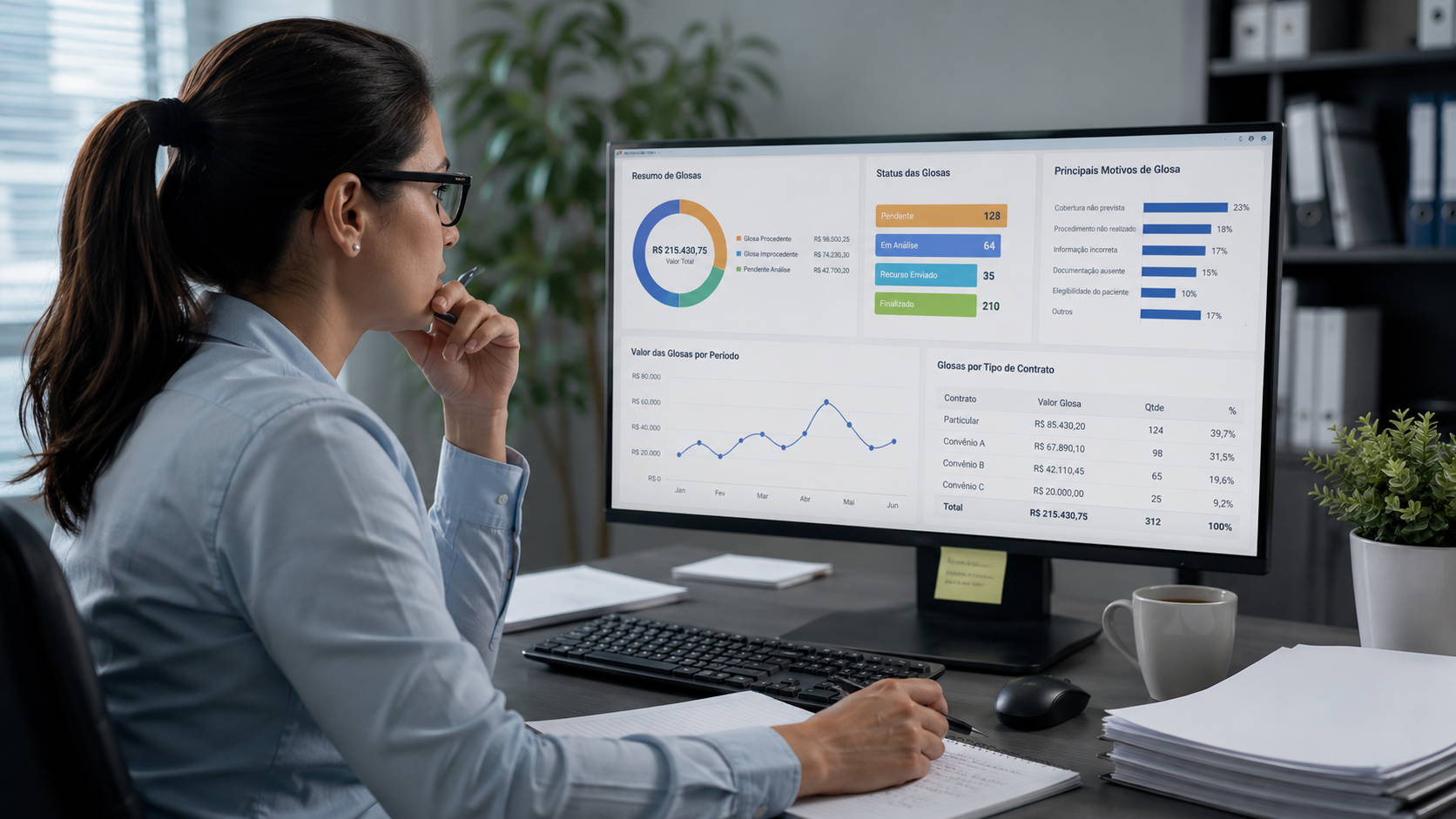 Dashboard de indicadores de faturamento TISS/TUSS com glosas e recebimentos de convênios