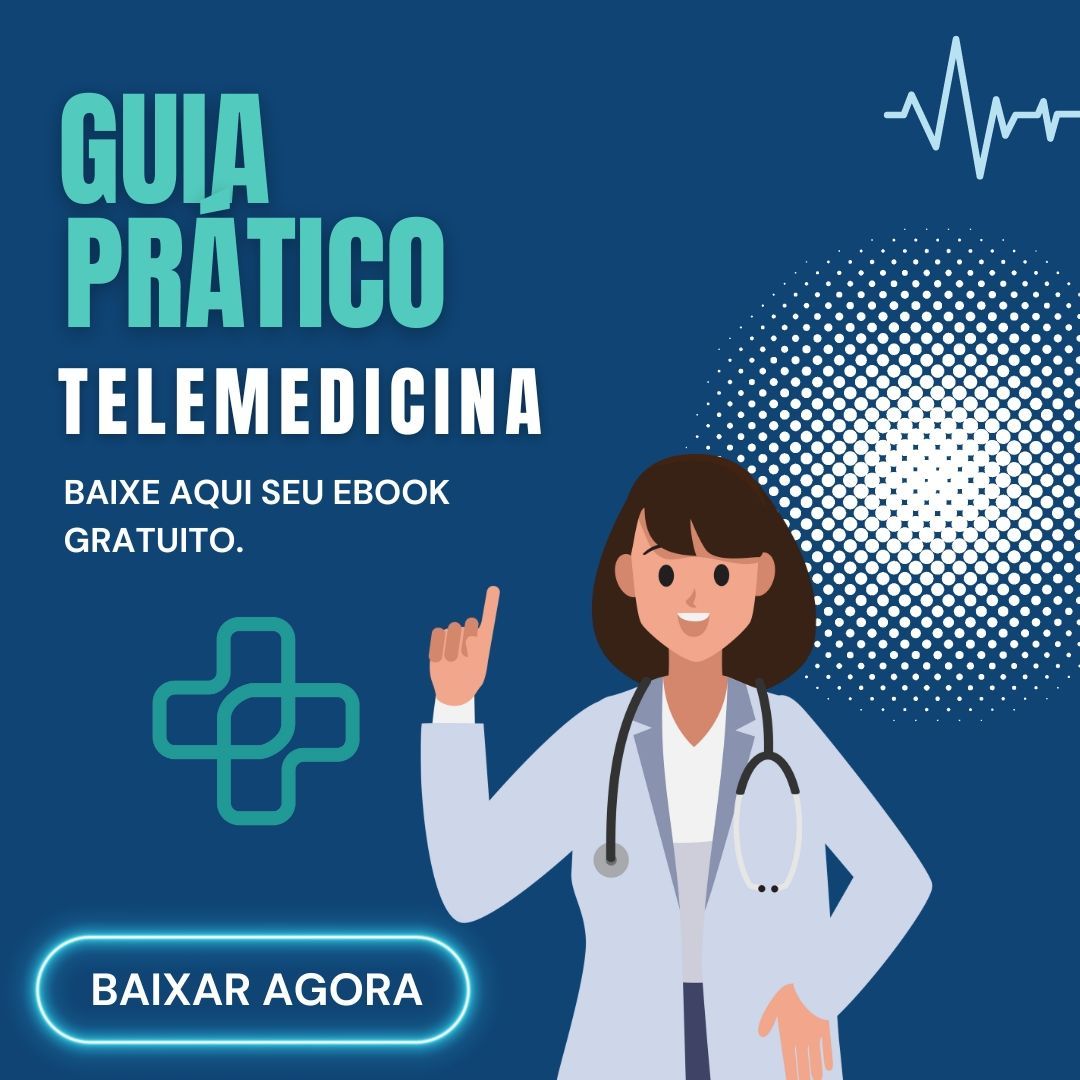 Anúncio promovendo um e-book gratuito sobre telemedicina. Médico aponta para cima ao lado do texto em um fundo azul. Botão 