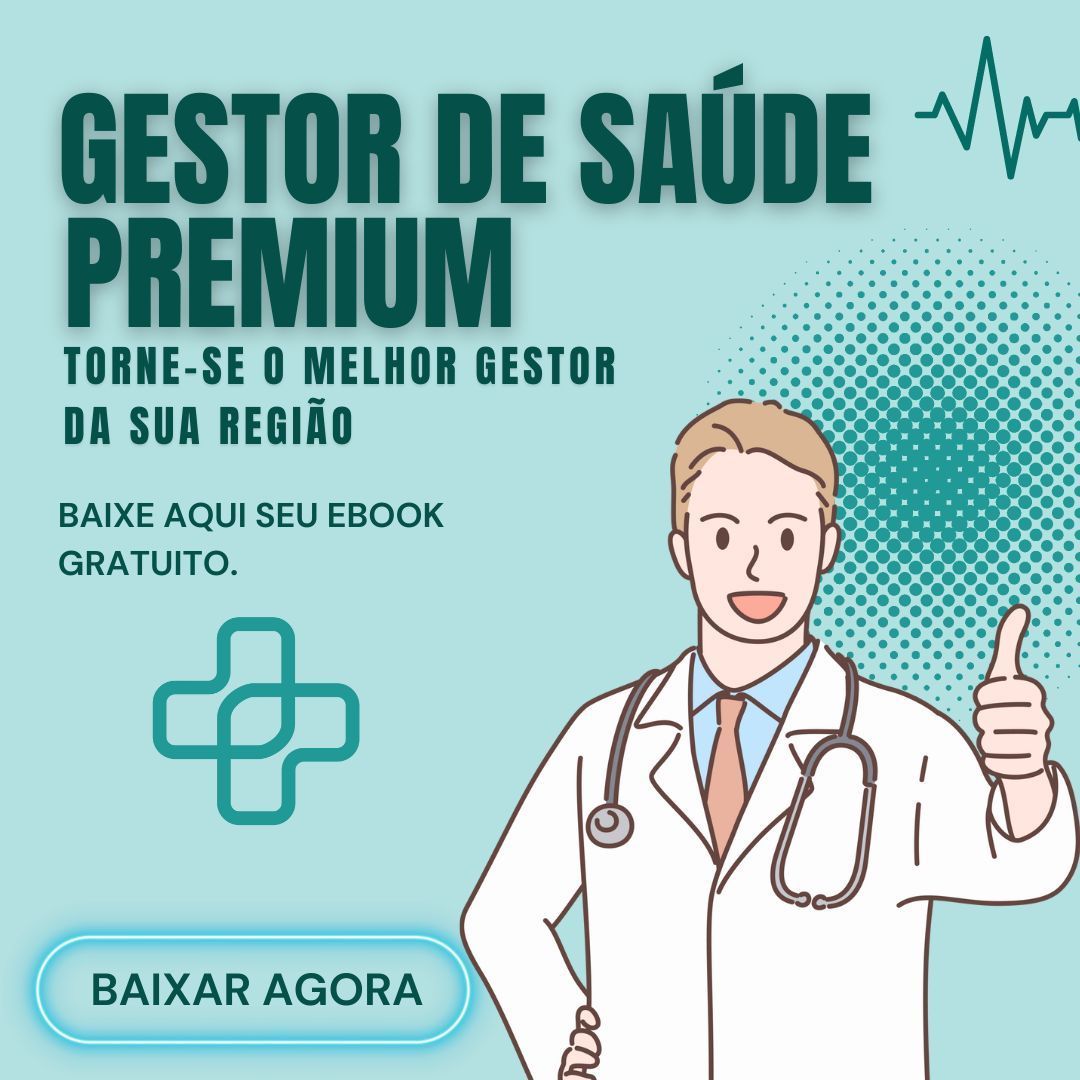 Anúncio: Médico fazendo sinal de positivo, promovendo um e-book gratuito sobre gestão da saúde. Esquema de cores verde e azul.