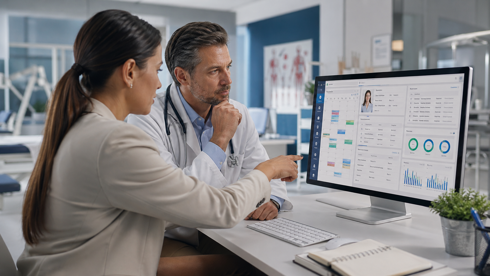 Sistema para clínicas médicas exibindo agenda, prontuário eletrônico e indicadores de gestão em computador