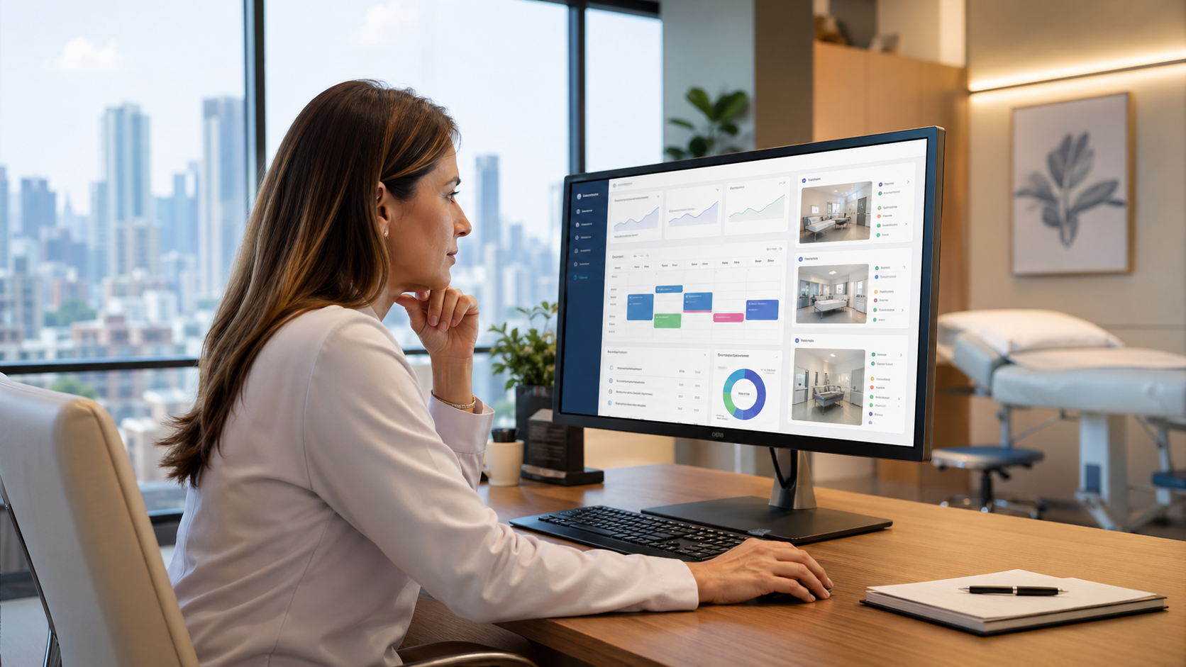 Gestora escolhendo software para clínica pequena, média ou grande com agenda, prontuário e indicadores de crescimento
