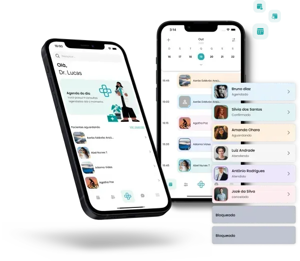 Dois smartphones exibem um aplicativo médico com a lista de consultas e uma visualização de calendário.