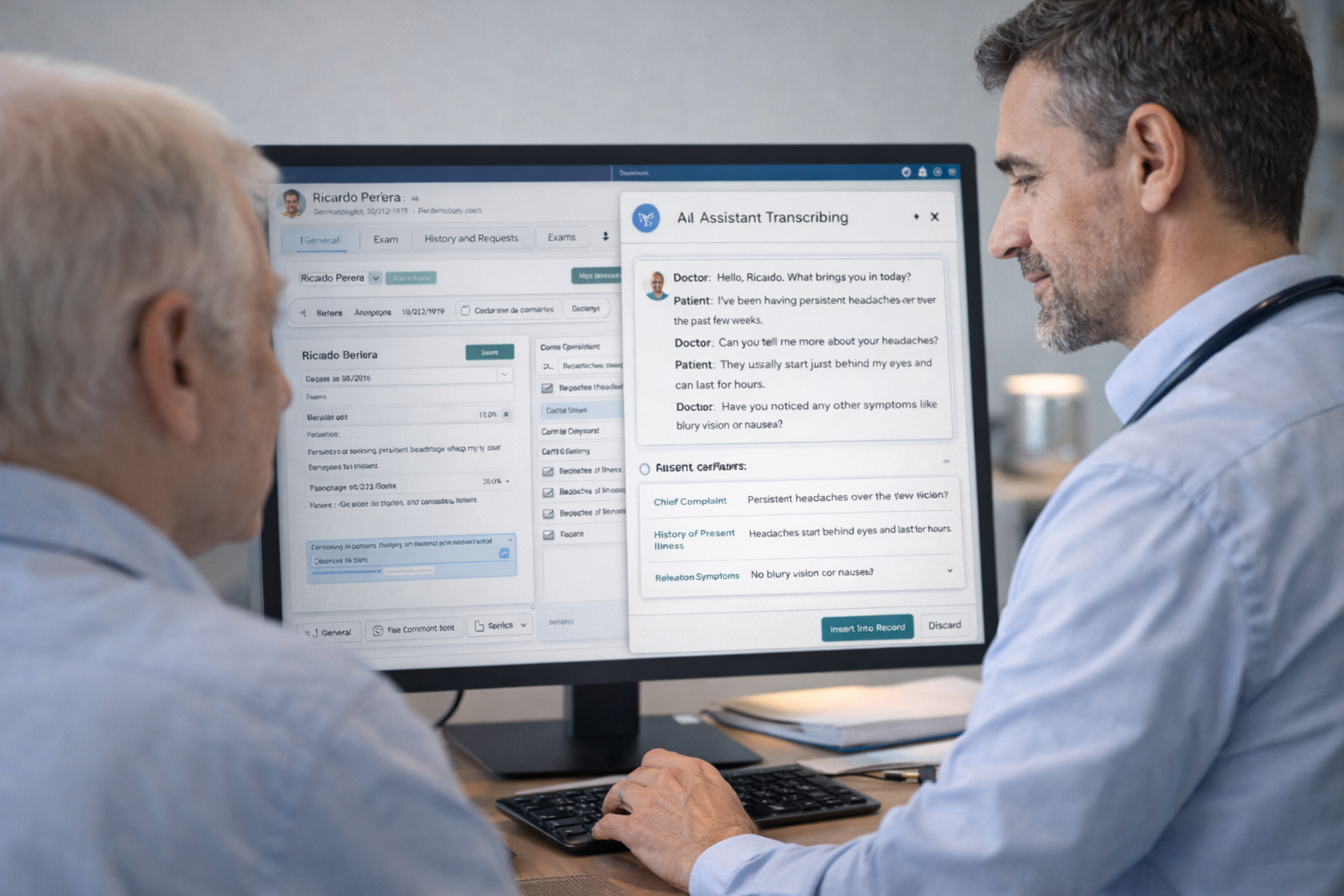 Médico realizando consulta com IA fazendo transcrição automática da conversa para o prontuário eletrônico
