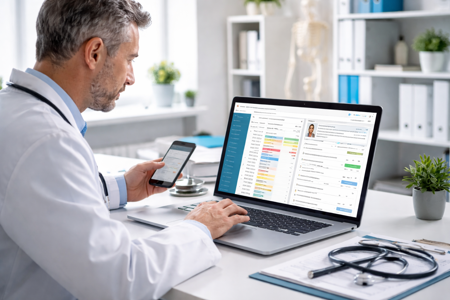 Médico usando software médico para consultório com agenda médica e prontuário eletrônico