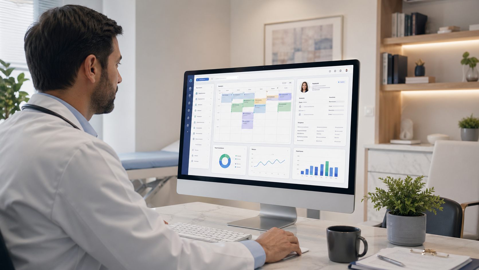 Médico usando o melhor software para clínicas com agenda, prontuário eletrônico e indicadores de gestão na tela