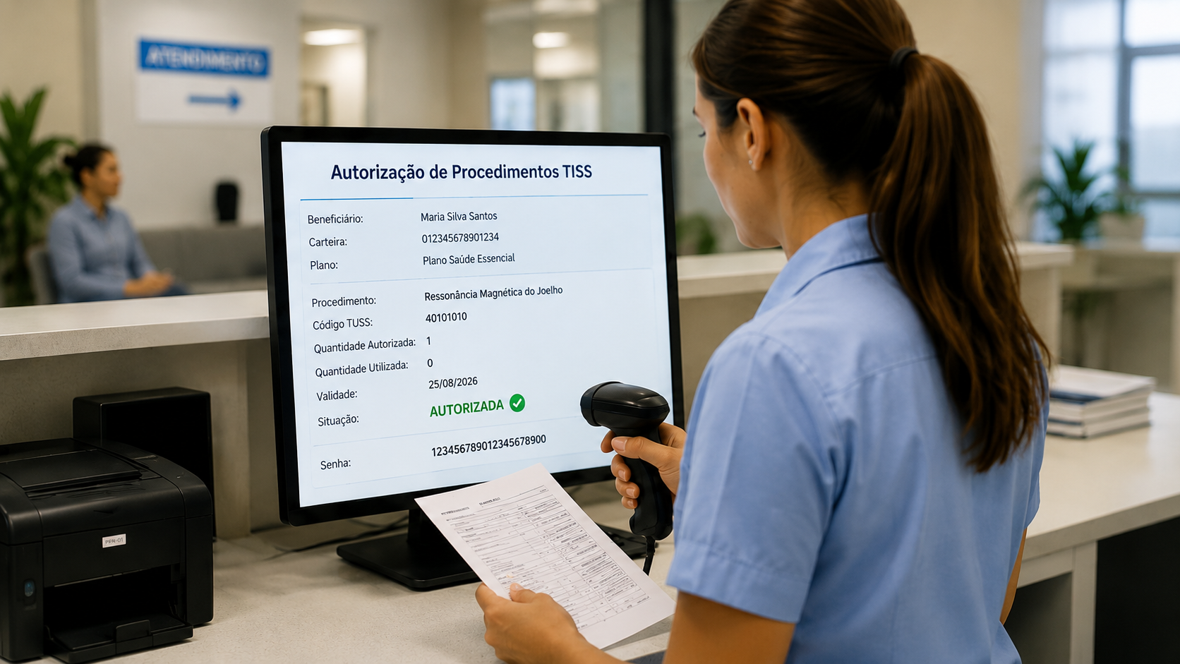 Recepcionista validando autorização de procedimento TISS antes do atendimento