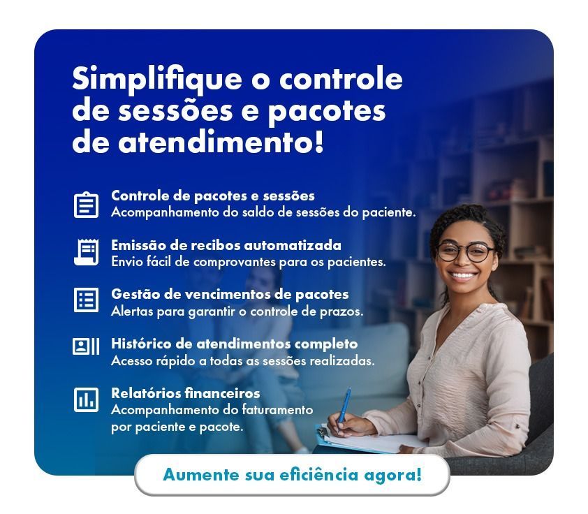 Tela de sistema com cadastro de paciente preenchido – otimização do processo Anúncio de software de agendamento: fundo azul, mulher sorrindo, texto sobre simplificar o gerenciamento de sessões e pacotes.