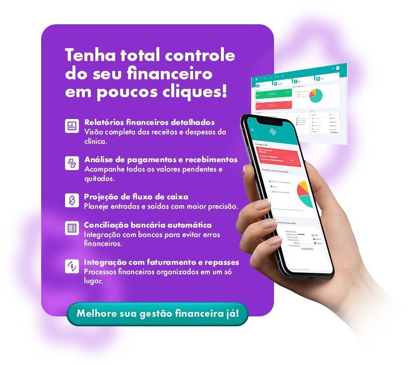 Dashboard financeiro com gráficos de fluxo de caixa em uma clínica Mão segurando um celular com um aplicativo financeiro. Gráfico roxo com o texto