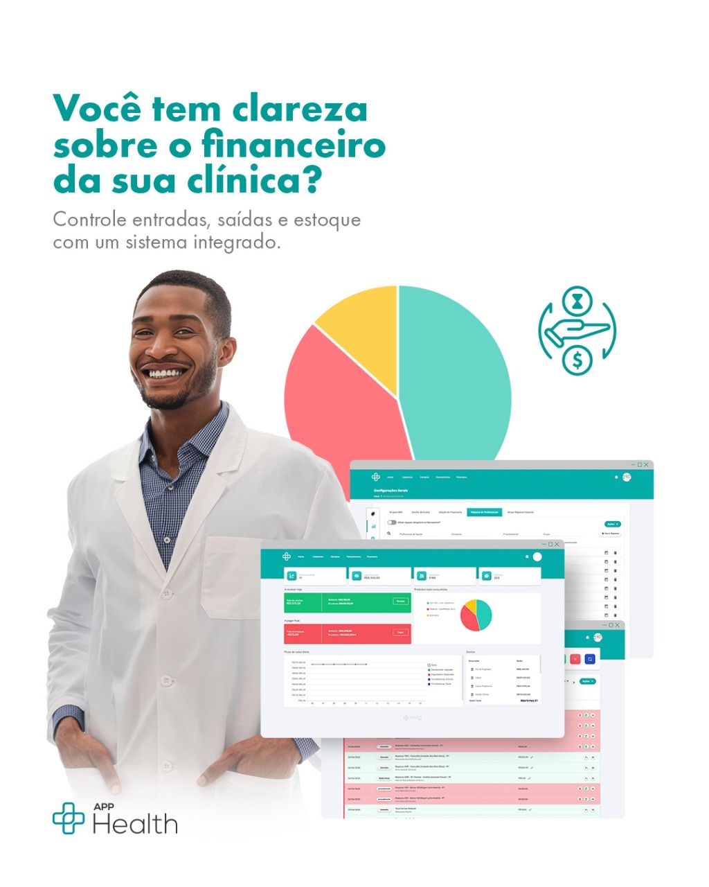 Sistema financeiro Homem de jaleco branco, sorrindo, ao lado da interface de um software financeiro. Anúncio de software financeiro para clínicas.