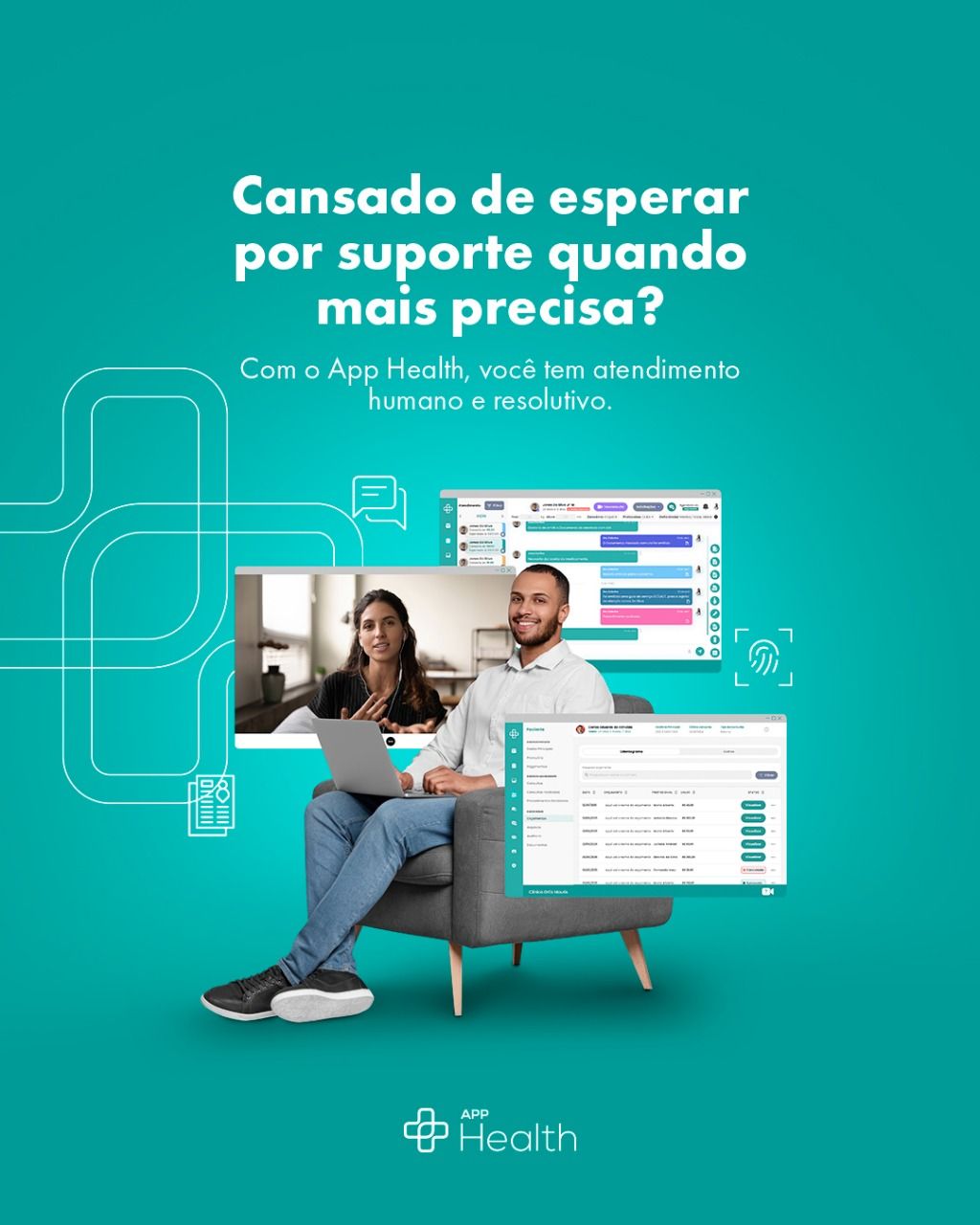 Suporte Humanizado Anúncio da AppHealth. Um casal está em frente a um laptop e telas com dados. Fundo azul-petróleo com texto.