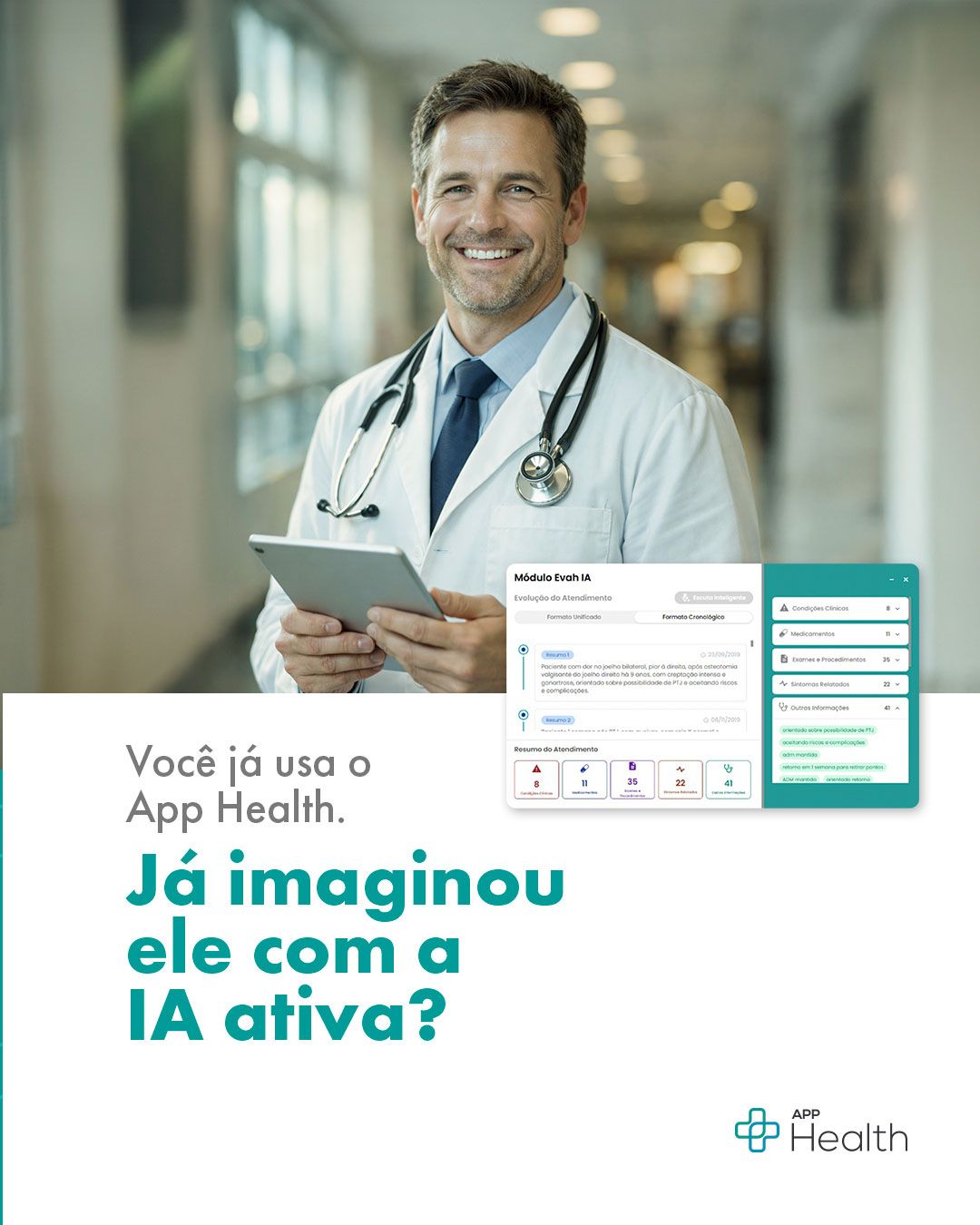 Médico de jaleco branco, segurando um tablet, sorri em um corredor. Texto: