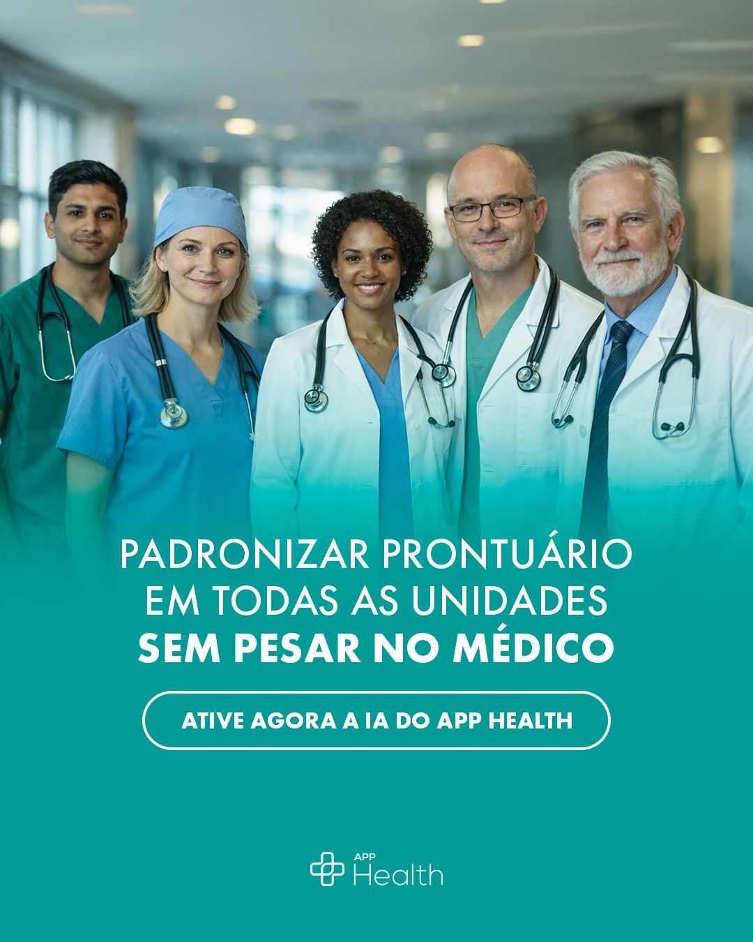 Medical professionals in lab coats and scrubs. Text: standardize medical records, activate AI.