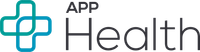 Logotipo de um aplicativo de sa&uacute;de App Health. Uma cruz verde e azul com o texto "APP Sa&uacute;de" em cinza.