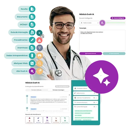 Profissional de saúde sorridente utilizando uma plataforma digital de saúde, com interfaces de calendário, mensagens e entrada de dados visíveis.