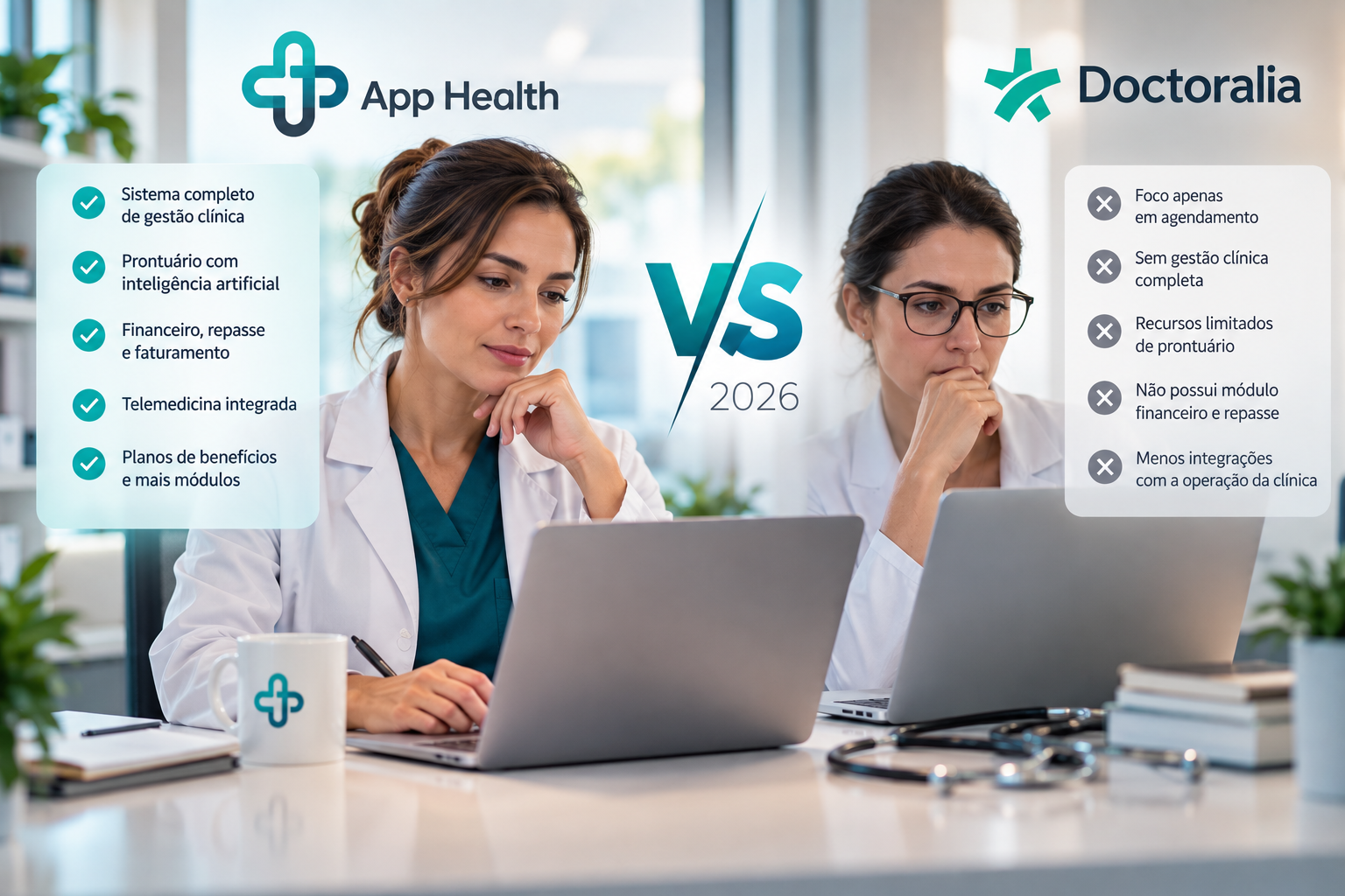 Comparativo visual App Health vs Doctoralia destacando soberania de dados do médico
