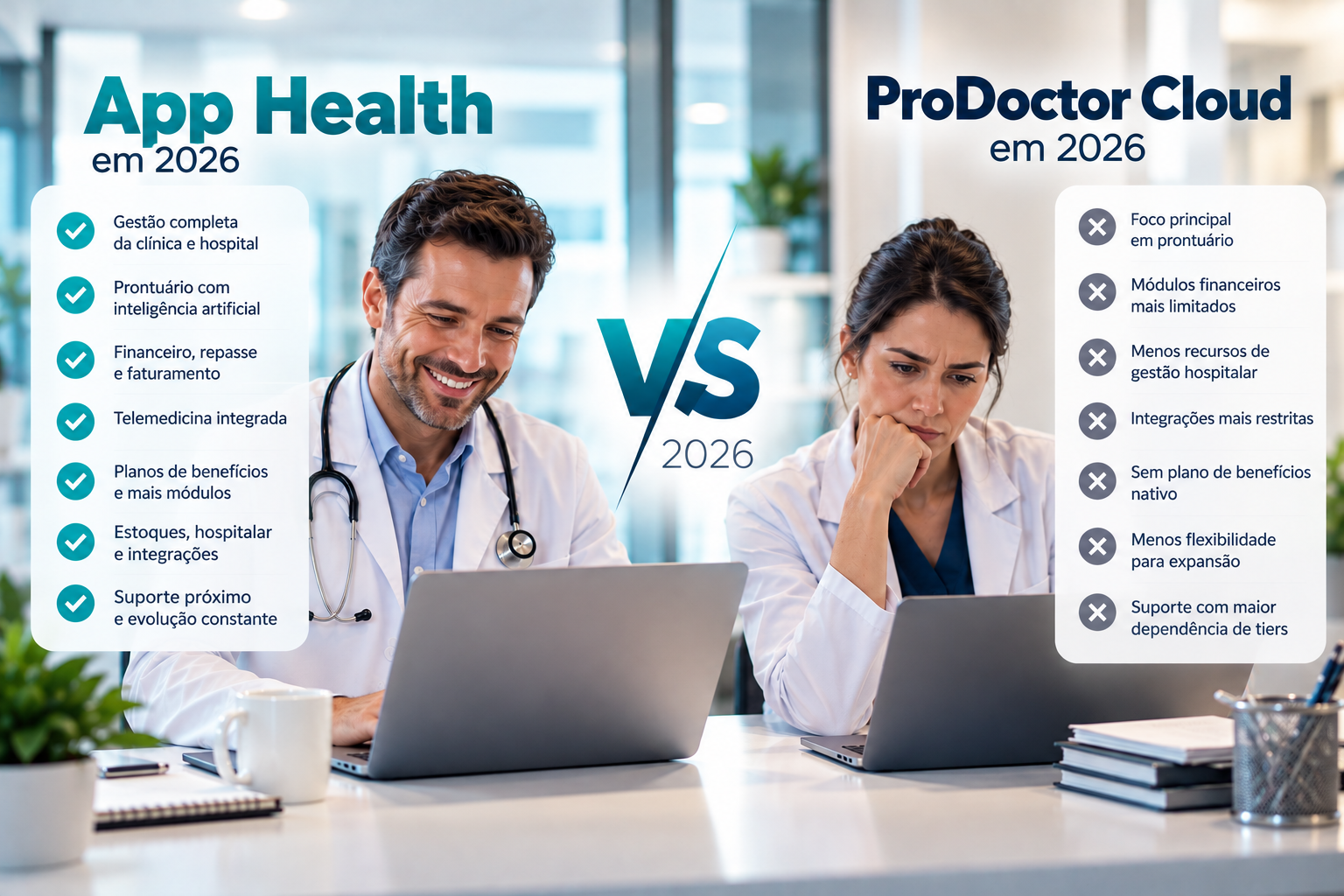 Comparativo App Health vs ProDoctor Cloud destacando arquitetura em nuvem nativa moderna