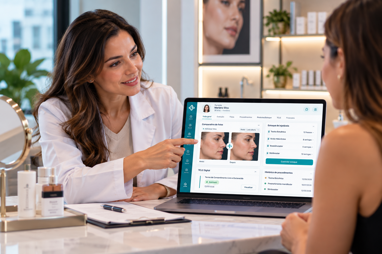 Módulo de dermatologia do App Health com comparador de fotos clínicas antes e depois e controle