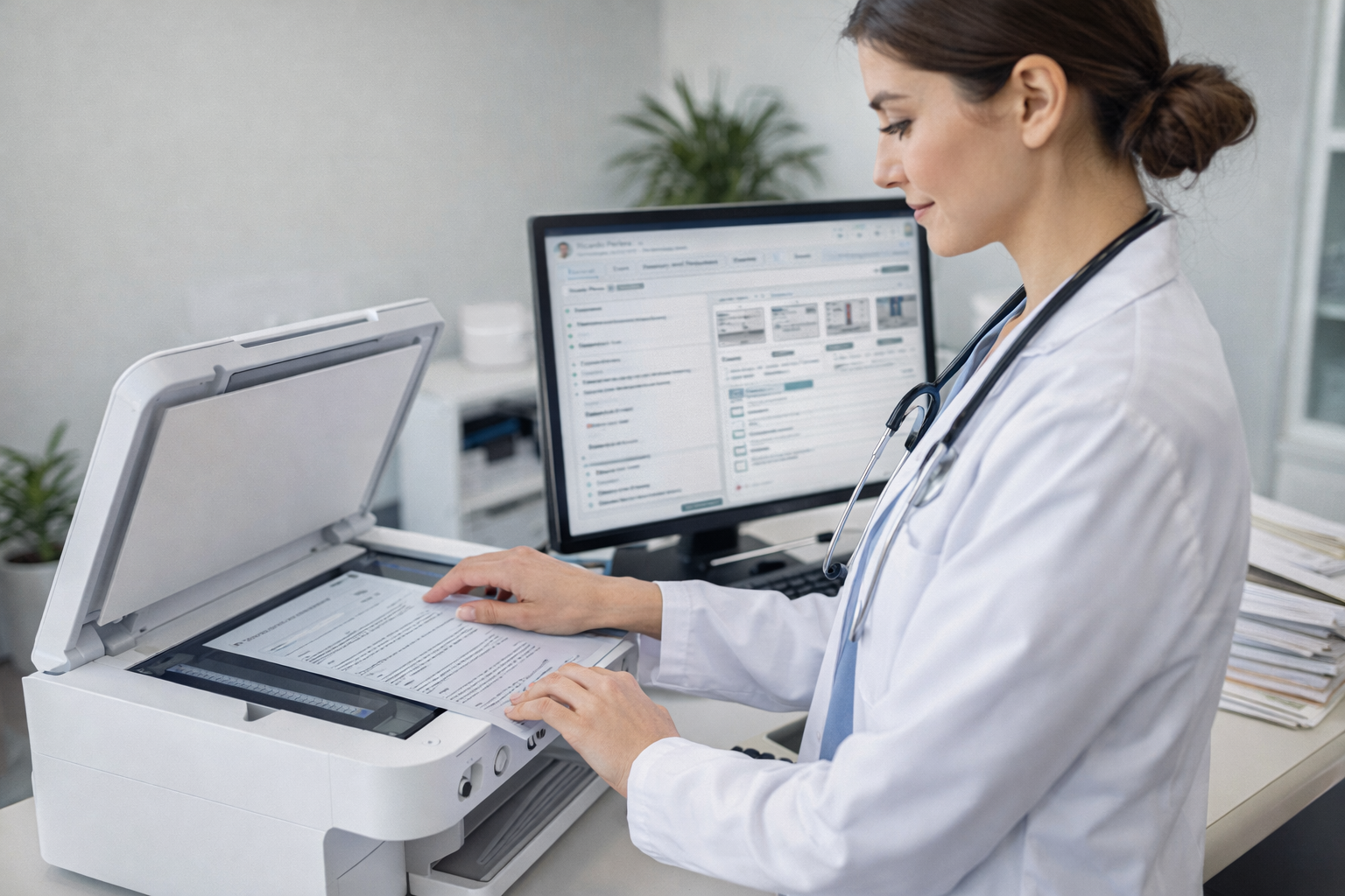 Profissional de saúde digitalizando prontuário médico em papel com scanner para migração ao prontuário
eletrônico