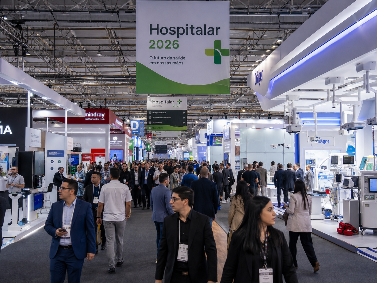 App Health na Hospitalar 2026 demonstrando software de gestão para clínicas com agenda, prontuário e IA