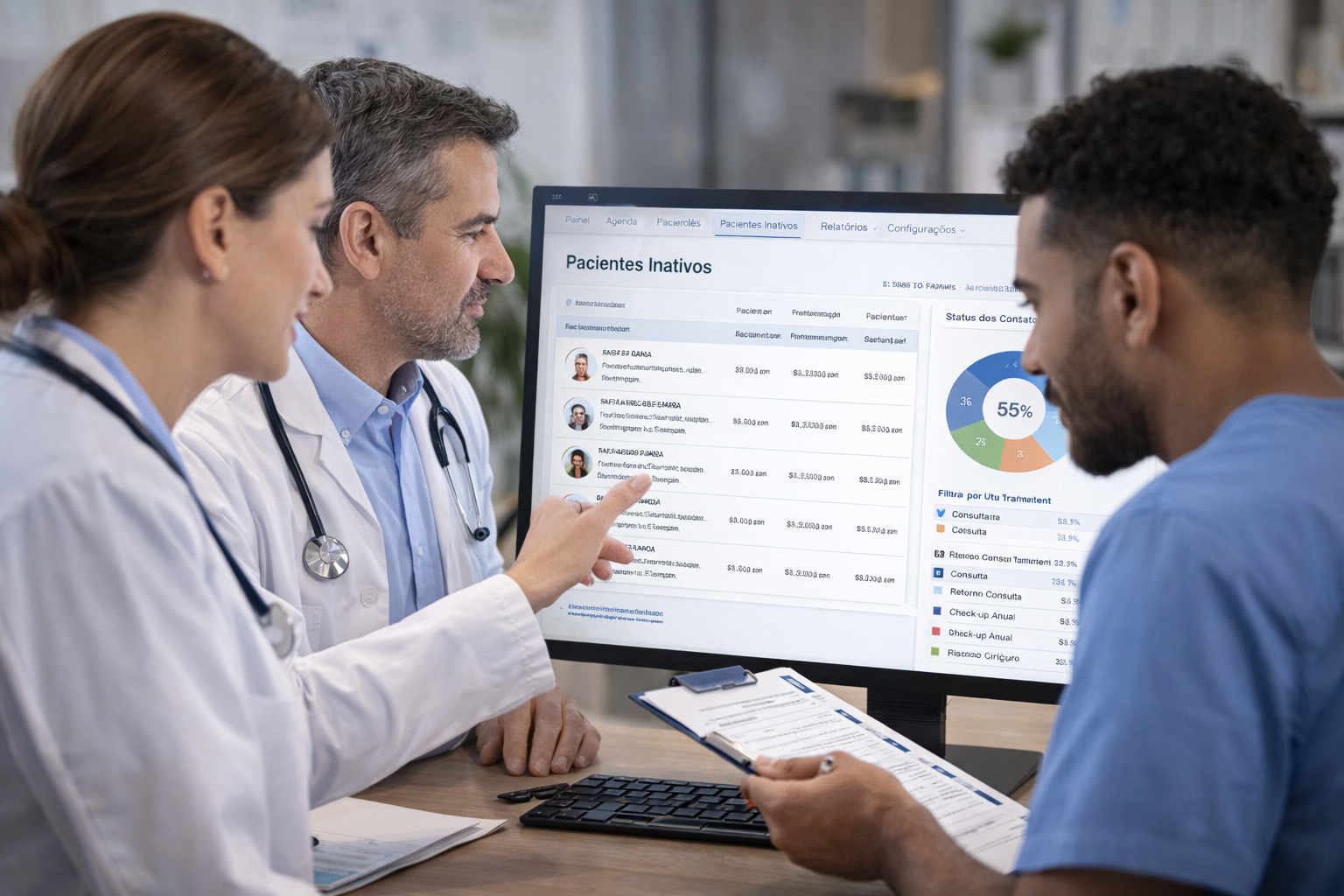 Equipe médica analisando dados de pacientes inativos no software para criar estratégia de reativação e fidelização
