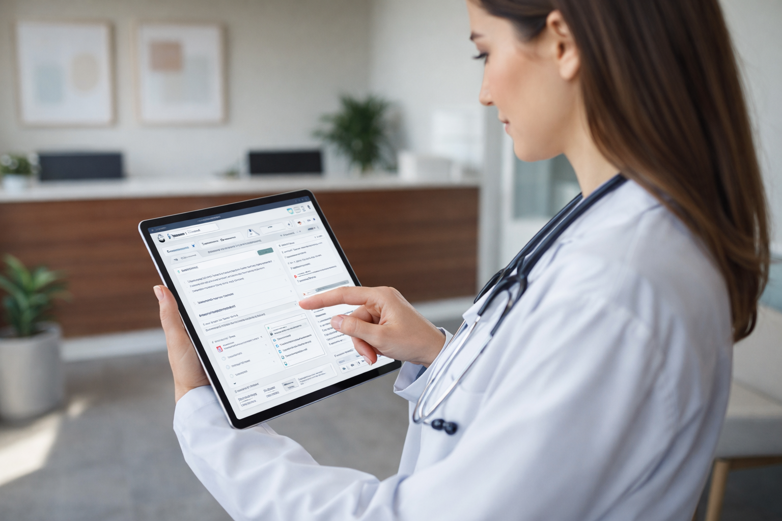 Médica utilizando software médico em tablet para
gestão de clínica com prontuário eletrônico aberto na
tela