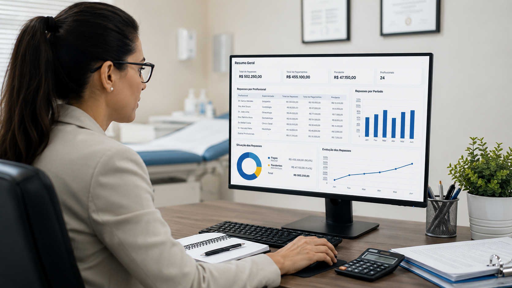 Gestor de clínica analisando controle de repasse médico em painel financeiro digital