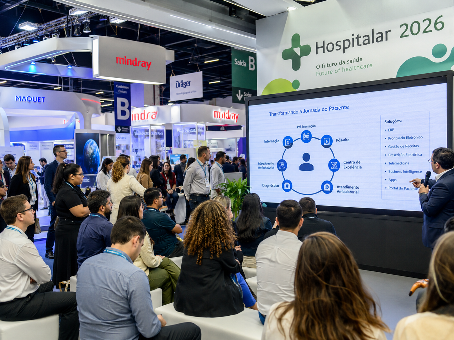 Gestor de clínica visitando a App Health na Hospitalar 2026 para conhecer soluções de gestão e IA