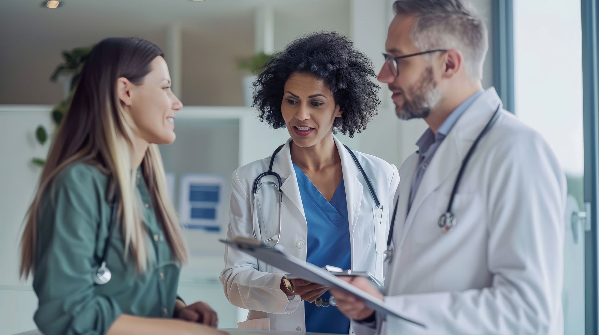 Três profissionais da área médica revisam uma prancheta, discutindo o atendimento ao paciente.