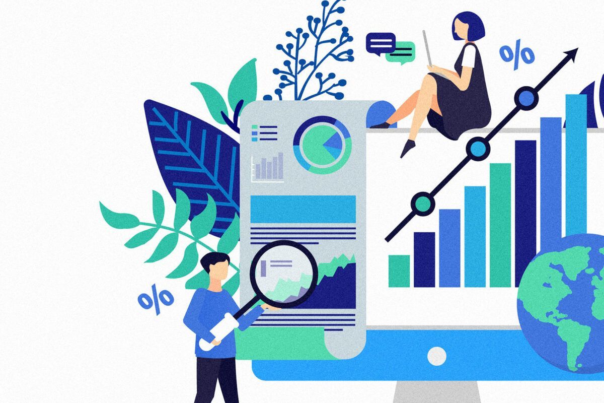 Análise de dados empresariais com gráficos, lupa e uma mulher ao computador.
