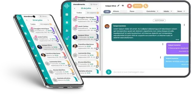 Um telefone e um tablet exibem a interface de um aplicativo de mensagens. Uma lista de contatos e uma conversa com balões de mensagens são mostradas.