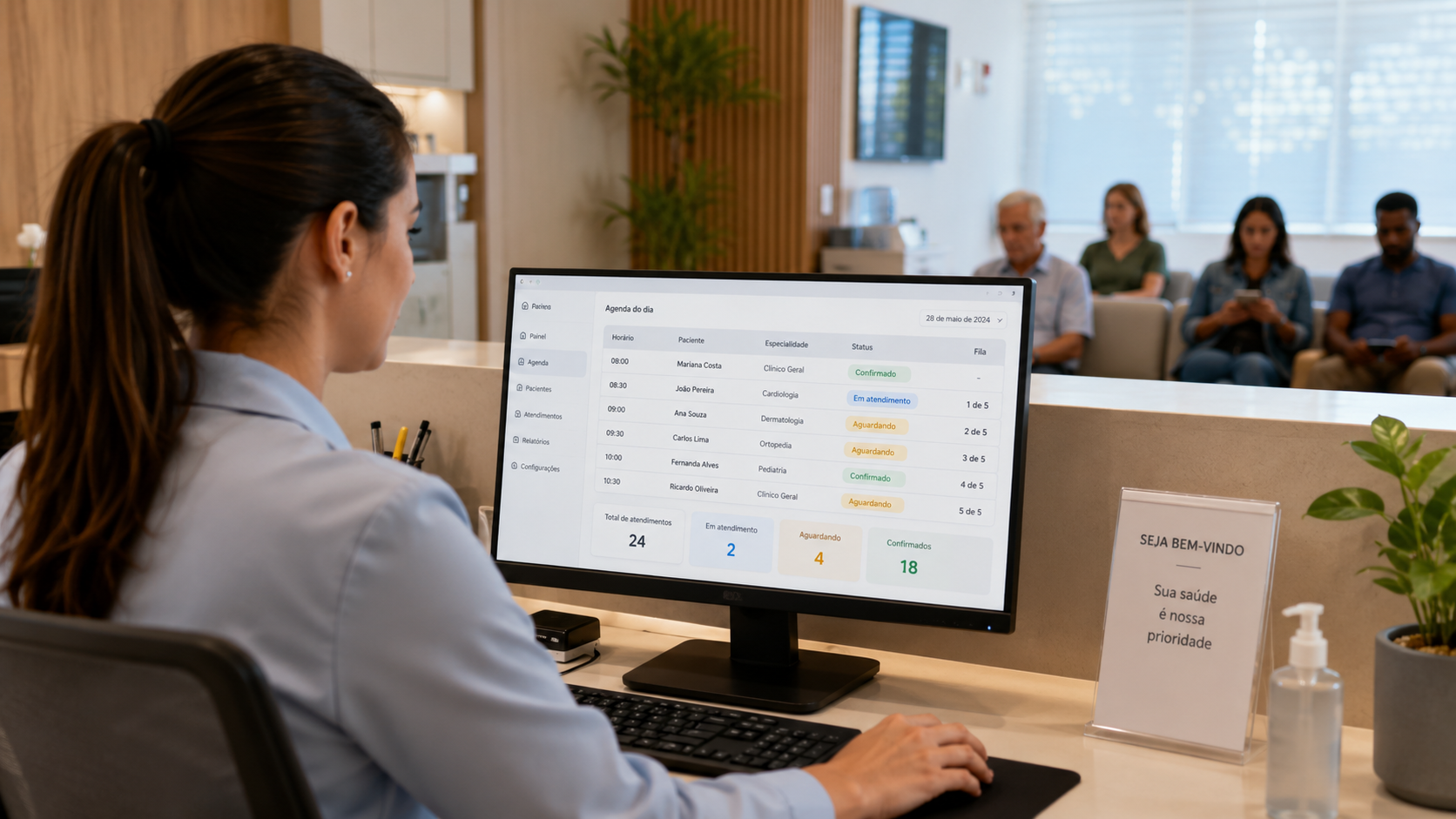 Gestora escolhendo software para clínica pequena, média ou grande com agenda, prontuário e indicadores de crescimento