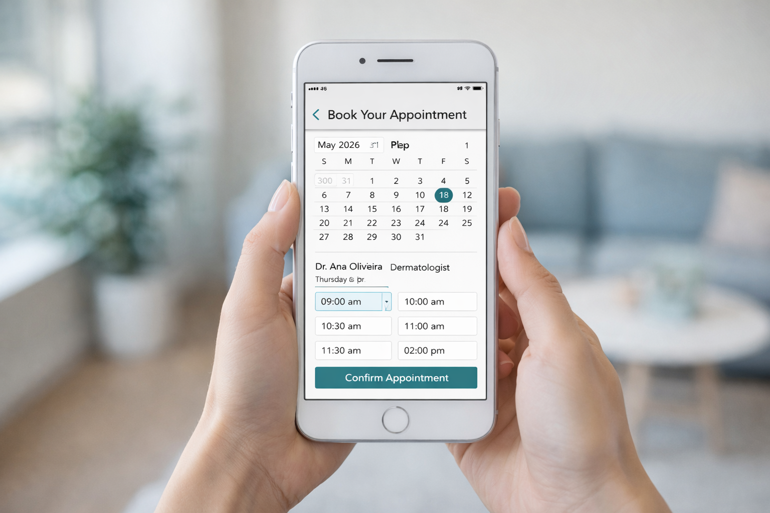 Paciente agendando consulta médica online pelo
smartphone com calendário mostrando horários
disponíveis