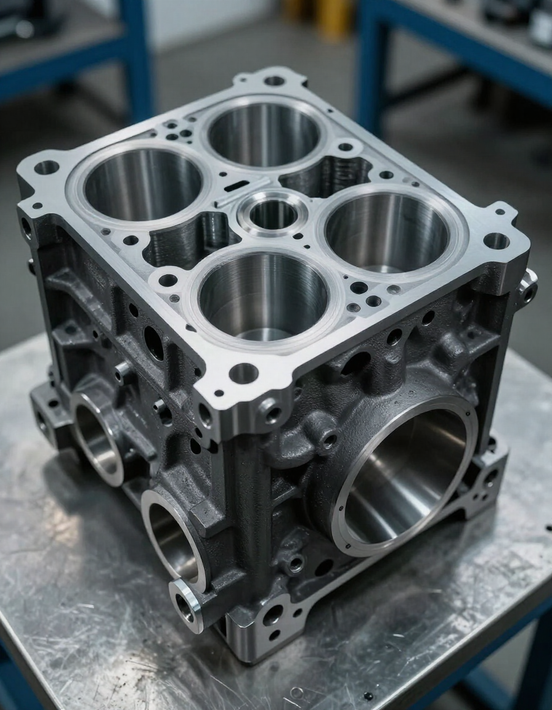 Bloque de motor metálico con cuatro cilindros sobre una mesa de taller.