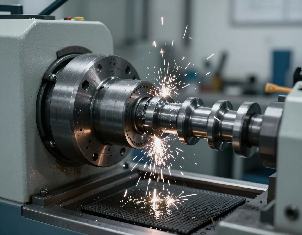 Torno de metal mecanizando un eje ranurado con chispas volando en un taller.