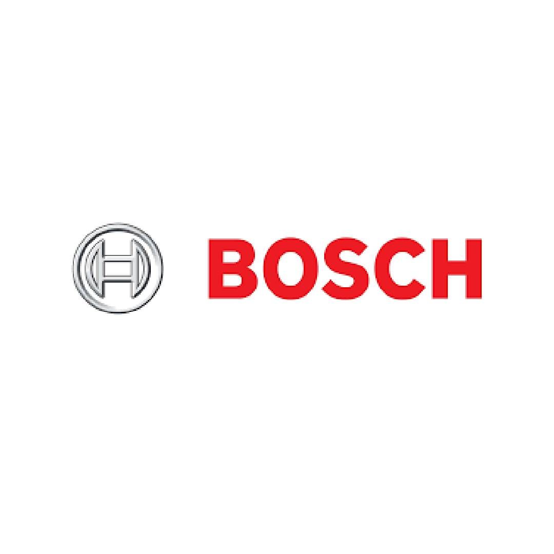 Logotipo de Bosch con texto rojo y emblema circular gris sobre fondo blanco.